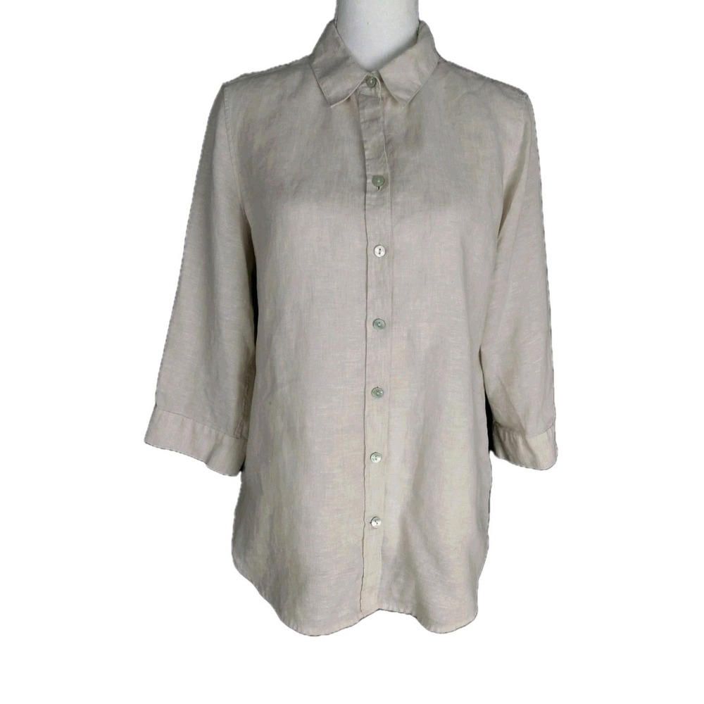 Chico's Non Iron Linen Tunic Shirt 3/4 Sleeve Relaxed Fit Beige Sz 1 Fits Like 8